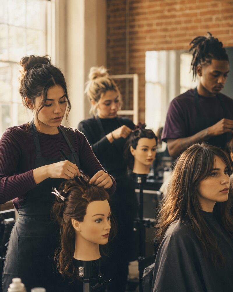 Cosmetology students working on the training floor